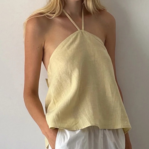 NWT Deiji Studios Linen Wrap Back Halter Blouse Cami Top Butter Yellow - Picture 1 of 8